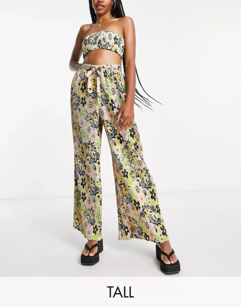 Topshop tall 60's floral plisse wide leg beach trouser in multi