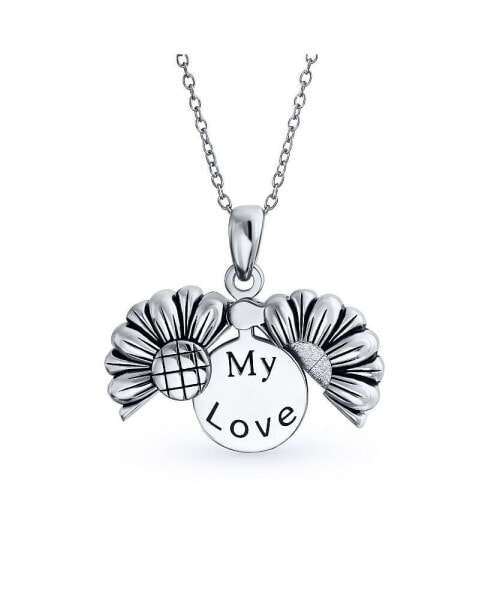 Floral Flower Inspirational Saying My LOVE Words Sunflower Open Locket Pendant Necklace For Women Teen Girlfriend Rhodium Plated .925 Sterling Silver
