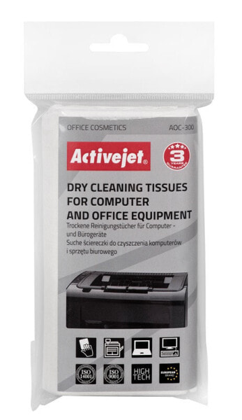 Activejet AOC-300 dry wipes for computers and office equipment - Equipment cleansing dry cloths - Computer mouse - Game console - Keyboard - Mobile phone/Smartphone - Notebook - PC - Printer - Scanner,... - White - Universal - 24 pc(s)