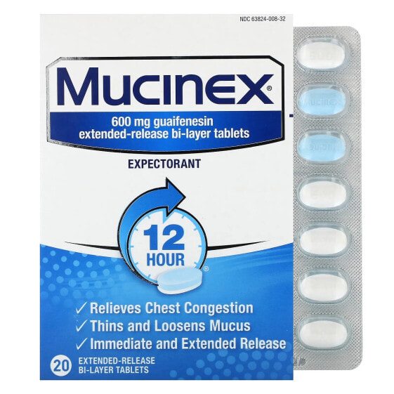 Препарат от гриппа и простуды Mucinex, 20 таблеток с продолжительным высвобождением двух слоев