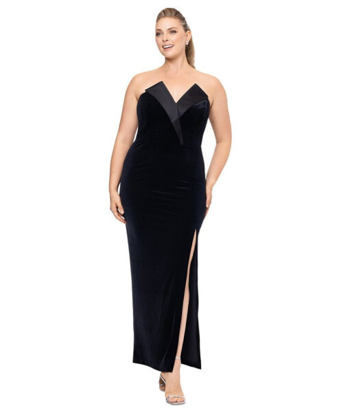 Plus Size Strapless Front-Slit Velvet Gown