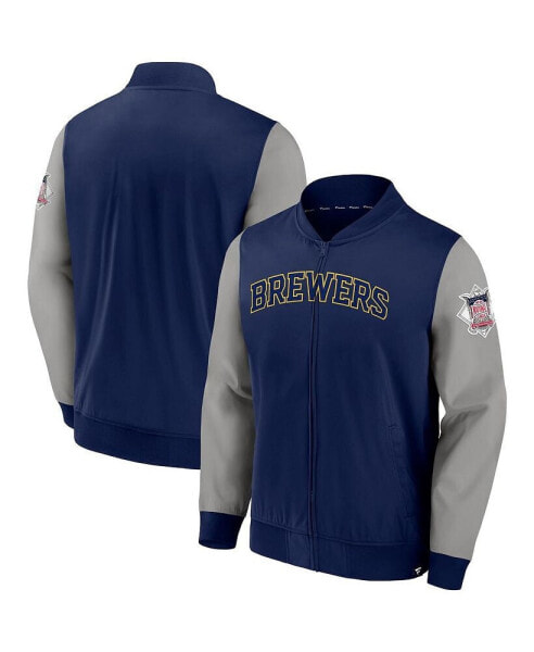 Men's Navy, Gray Milwaukee Brewers Iconic Record Holder Woven Full-Zip Bomber Jacket