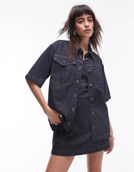 Topshop denim lightweight resort short sleeve shirt in indigo