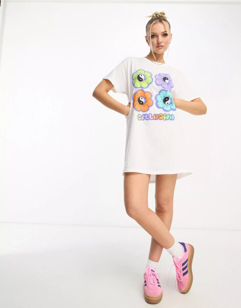 COLLUSION flower print t-shirt dress in white