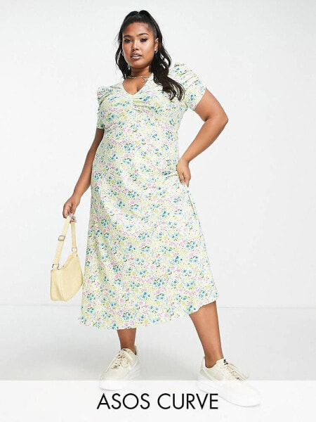 ASOS DESIGN Curve short sleeve midi tea dress with ruched bust in pastel floral