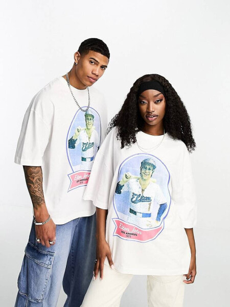 ASOS DESIGN unisex oversized t-shirt with Elton John print in off white