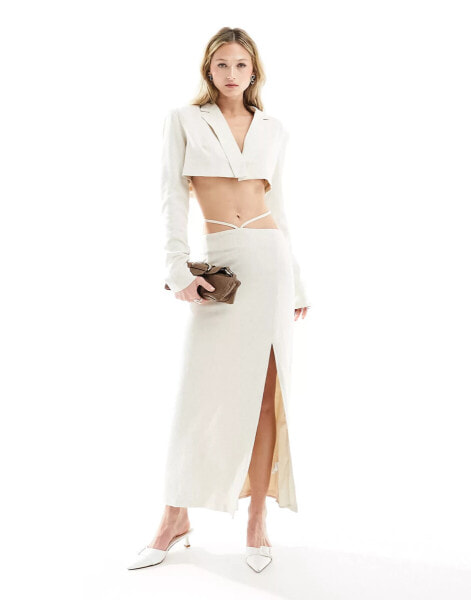 Kyo The Brand linen look maxi split side tie waist maxi skirt co-ord in stone