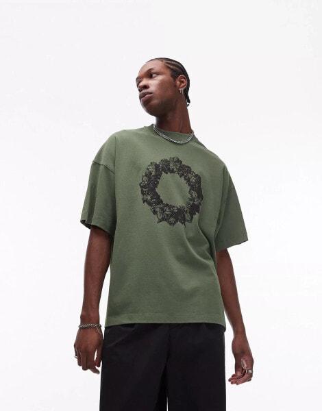 Topman premium extreme oversized fit t-shirt with wreath embroidery in green