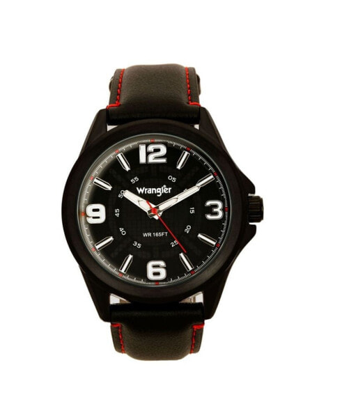 Men's Watch, 48MM IP Black Case with Cutout Black Dial, White Arabic Numerals, Black Strap with Red Stitching, Analog , Red Second Hand