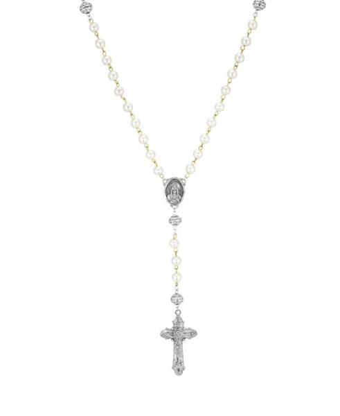 Symbols of Faith silver-Tone Crucifix Cross Simulated Imitation Pearl Rosary