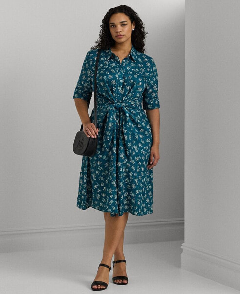 Plus Size Tie-Front Floral Linen Shirtdress