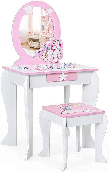Салон красоты Costway Принцесса Компактный Туалетный Столик с Табуреткой, Розовый и Белый