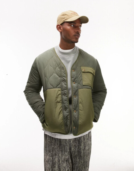 Topman liner jacket with mixed fabric in khaki