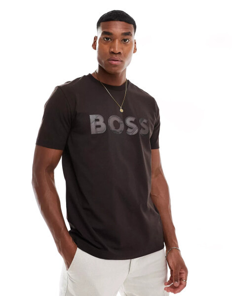 BOSS GREEN tee jagged t-shirt in dark brown with logo applique