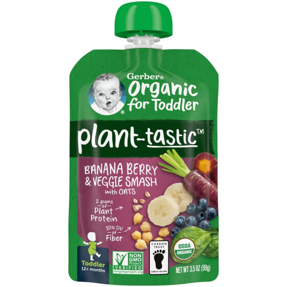 Gerber, Растительный вкус, органический продукт для малышей, банан, ягоды и овощи с овсом, от 12 месяцев, 99 г (3,5 унции)