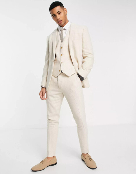 ASOS DESIGN super skinny wool mix suit waistcoat in stone twill