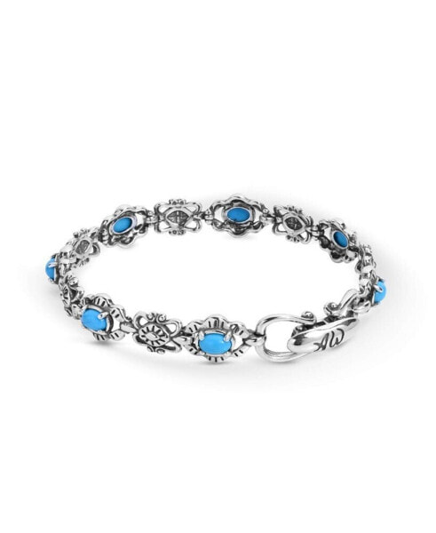 Sterling Silver Women's Link Bracelet Oval Blue Turquoise Gemstone Size Small - Large