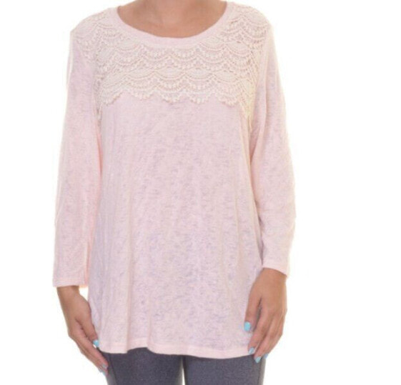 Style & Co Contrast Crochet Three quarter Sleeve Blouse Crushed Petal L