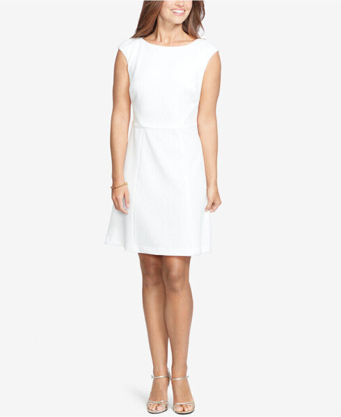 American Living Women's Cap Sleeve Scoop Neck Lace Trim Jacquard Dress White 10