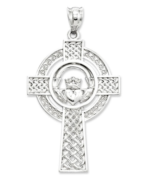 14k White Gold Charm, Celtic Claddagh Cross Charm