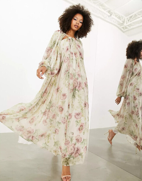 ASOS EDITION chiffon split sleeve maxi dress in cream vintage floral