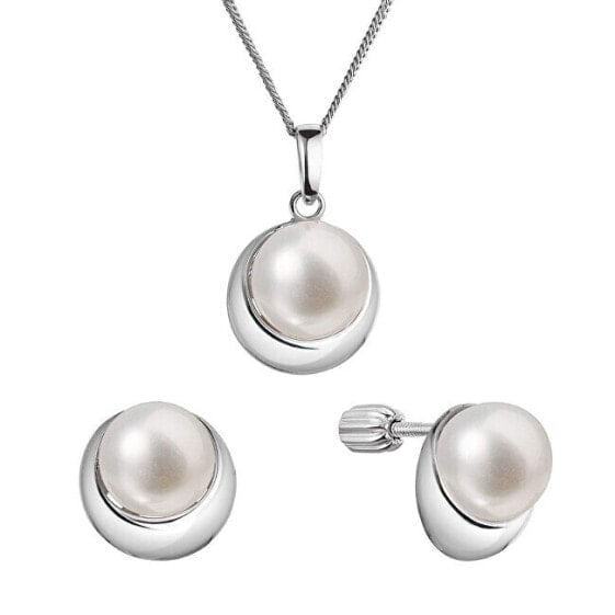 Charming Silver Jewelry Set with Genuine Pearls 29053.1B (Earrings, Chain, Pendant)