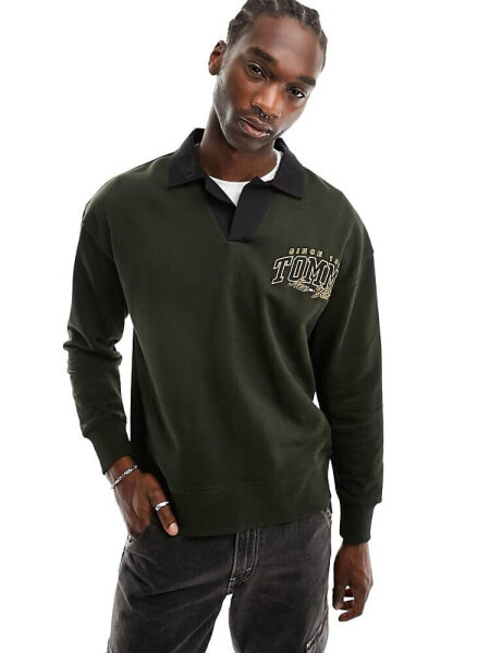 Tommy Jeans relaxed luxe varsity rugby shirt in green