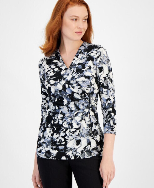 Women's Printed 3/4-Sleeve Faux-Wrap Top