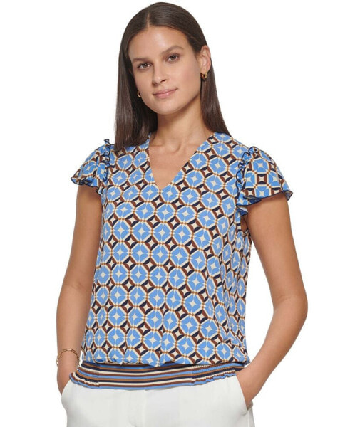 Women's Printed V-Neck Flutter-Sleeve Top