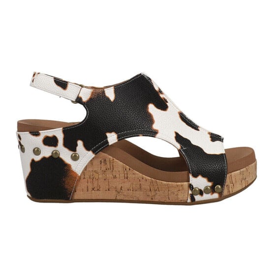 Corkys Carley Cow Print Studded Wedge Womens Black, White Casual Sandals 30-531