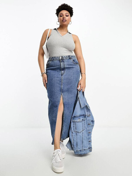 ASOS DESIGN Curve denim maxi skirt with split hem in midwash