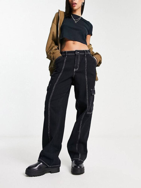 Object wide leg cargo jeans in black with contrast stitching 