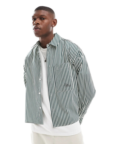 ASOS DESIGN oversized boxy shirt with embroidery in green stripe