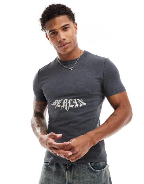 ASOS DESIGN muscle fit t-shirt in washed charcoal with gothic text front print