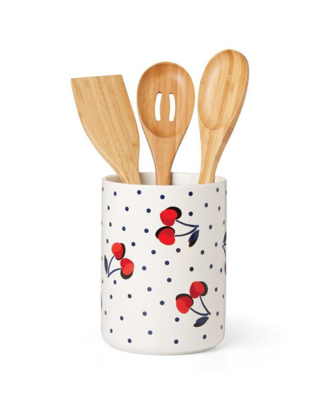 New York Vintage-Like Cherry Dot Utensil Crock Set, 4 Piece