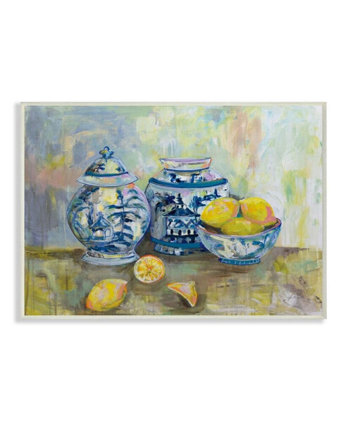 Lemons and Pottery Yellow Blue Classical Painting Art, 13" x 19"