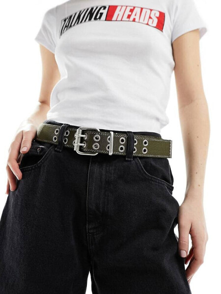 ASOS DESIGN webbed waist and hip jeans belt in khaki