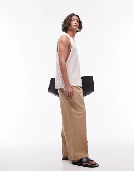 Topman compact cotton wide leg trouser in stone