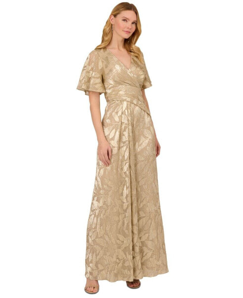 Women's Foil Leaf Flutter-Sleeve Draped Gown