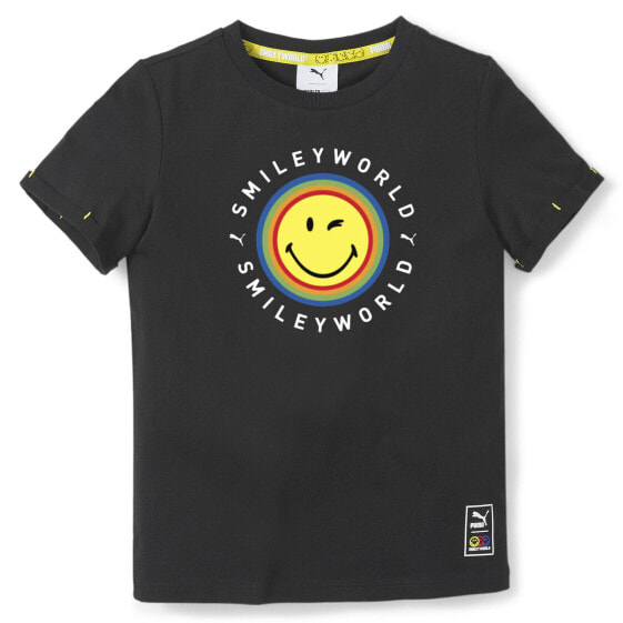 Puma Smileyworld X Graphic Crew Neck Short Sleeve T-Shirt Boys Black Casual Tops