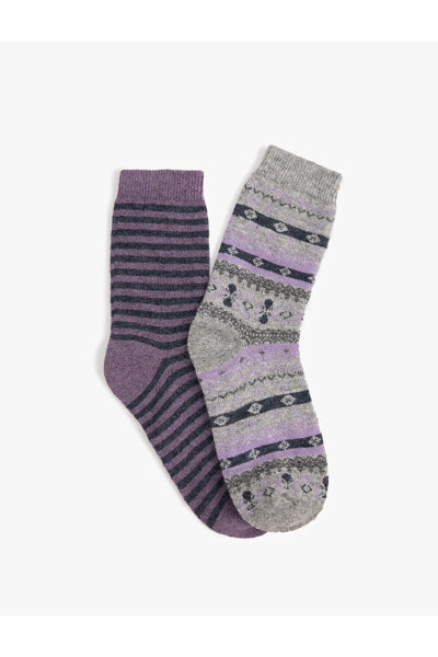 Çizgili 2'li Soket Çorap Seti Çok Renkli Yün Karışımlı