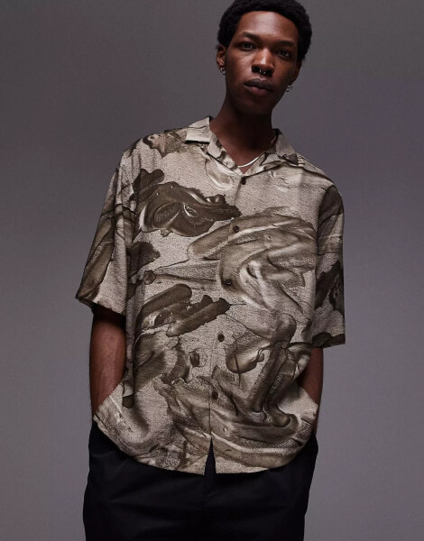 Topman short sleeve relaxed metal print shirt in brown