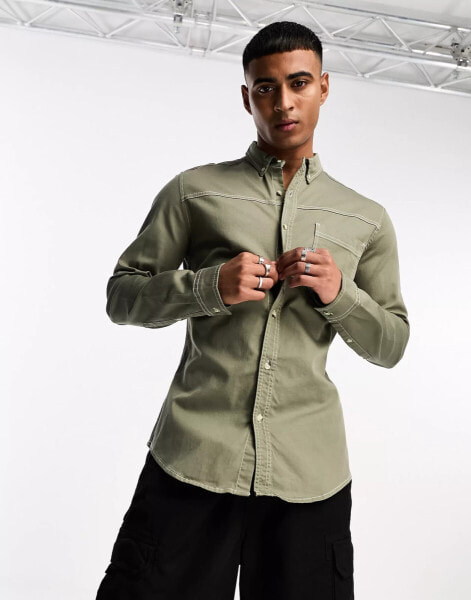 ASOS DESIGN skinny denim shirt in khaki