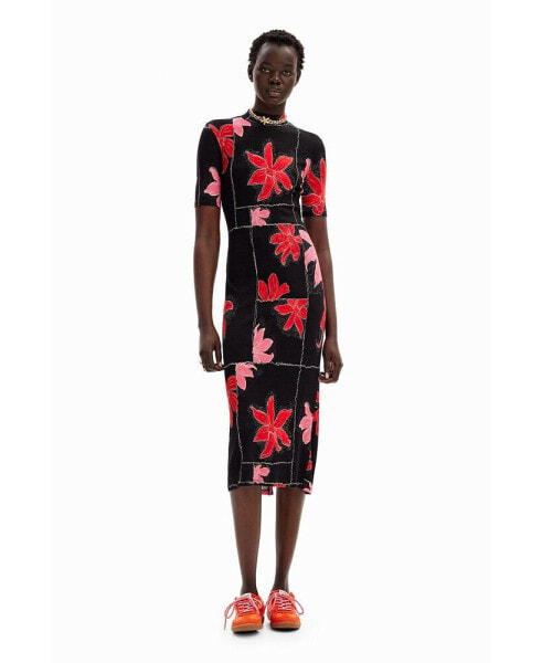 Women's Ribbed floral midi dress