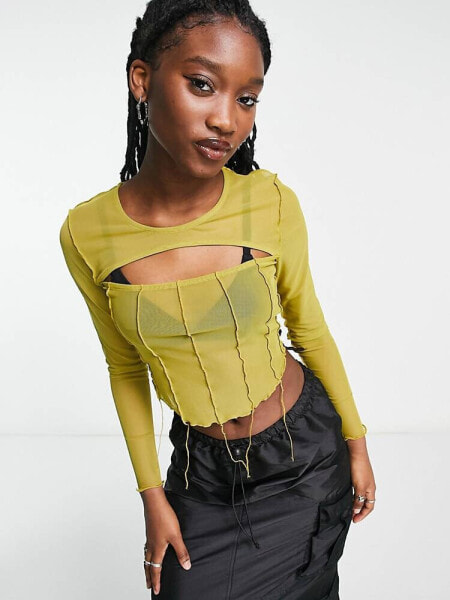 ASOS DESIGN mesh exposed seam cut out top in olive 
