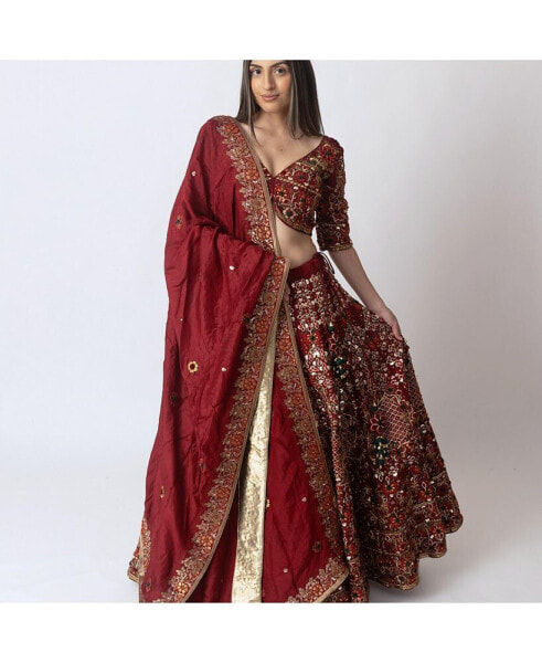 Women's Hand Embroidered Red Silk Lehenga Choli with Sleeves