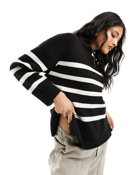 Pimkie longline side split jumper in black and cream stripe