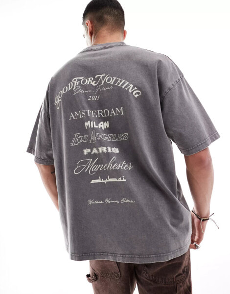 Good for Nothing oversized washed t-shirt with rib chest print in grey