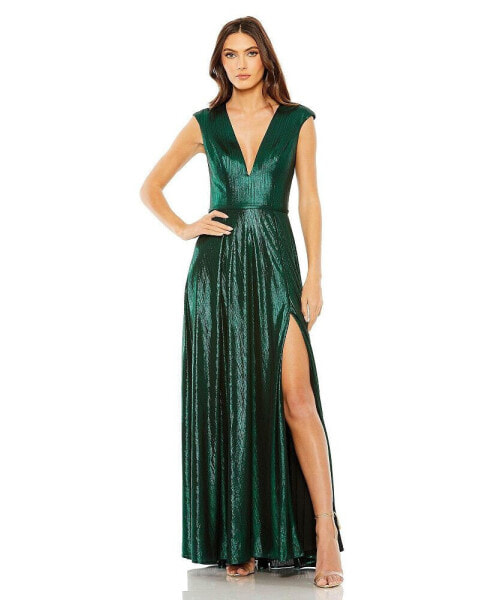 Women's Cap Sleeve Deep V Neck High Slit Metallic Gown