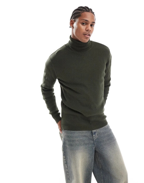 Brave Soul cotton ribbed roll neck jumper in forest green